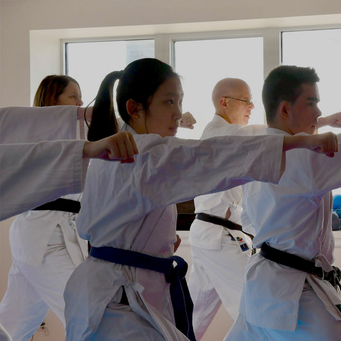 A diverse class of karateka (karate practitioners), including some black belts performing oizuki (lunge punch). 